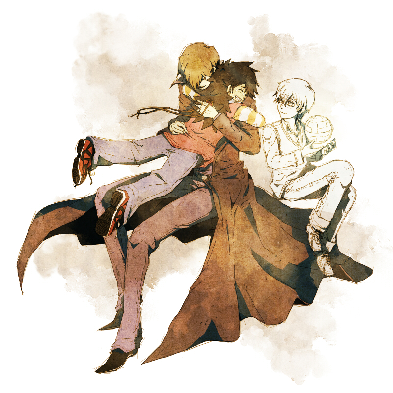 bad_id, ball, black_hair, brothers, brown_hair, card_pendant, character_request, closed_eyes, coat, denim, dual_persona, family, happy, holding, hug, kaiba_mokuba, kaiba_seto, kanzyuku, long_hair, multiple_boys, shoes, siblings, sitting, smile, sneakers, spirit, sweater_vest, time_paradox, trench_coat, young, yuu-gi-ou, yuu-gi-ou_duel_monsters