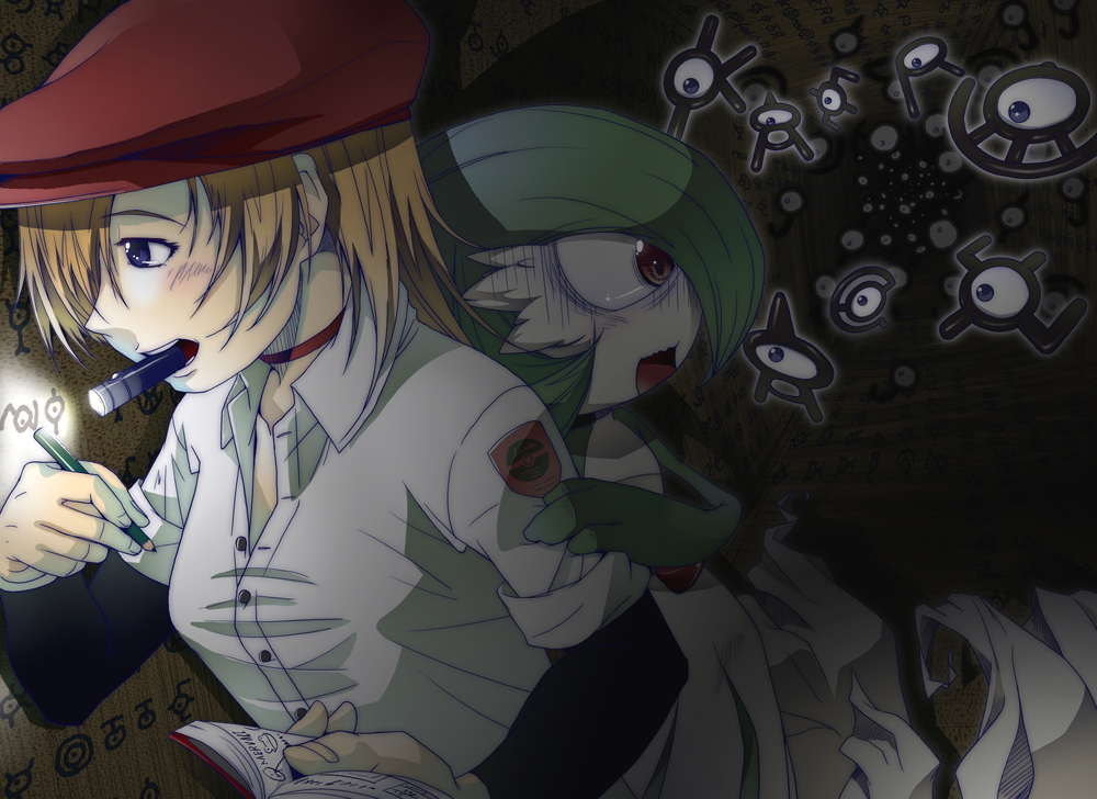 cave, flashlight, gardevoir, hat, hieroglyphics, kaeru_ace, mouth_hold, multiple_girls