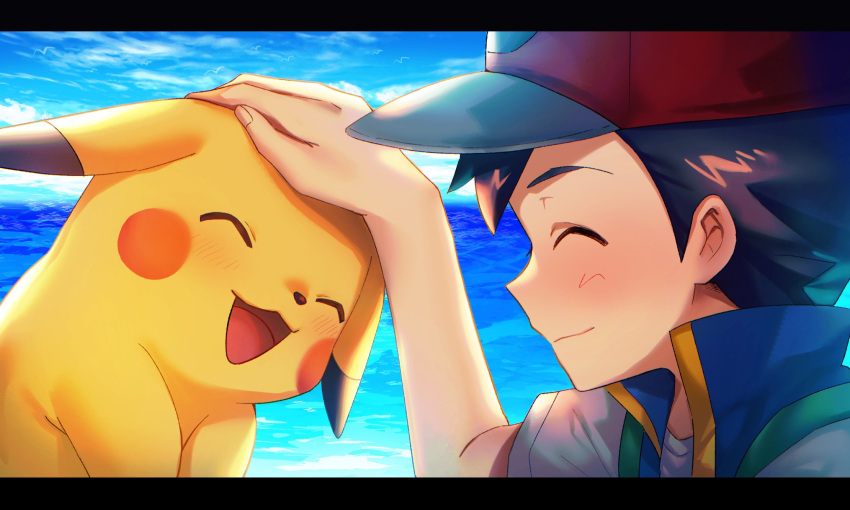 1boy, :d, asada_sadao, ash_ketchum, bangs, baseball_cap, blue_jacket, blush, closed_eyes, closed_mouth, clouds, commentary_request, day, hand_up, hat, headpat, highres, jacket, male_focus, open_mouth, outdoors, pikachu, pokemon, pokemon_(anime), pokemon_(creature), pokemon_journeys, red_headwear, shirt, short_hair, short_sleeves, sky, sleeveless, sleeveless_jacket, smile, t-shirt, tongue