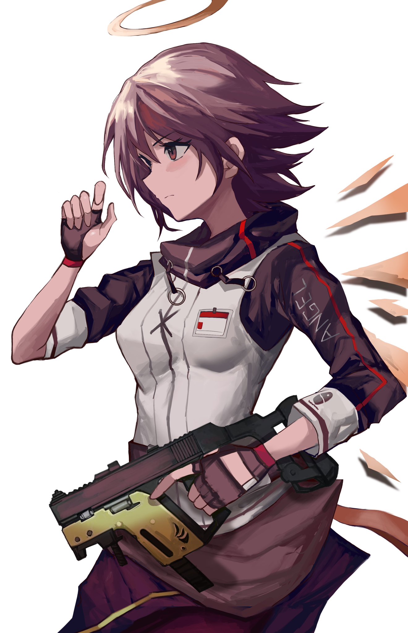 1girl, arknights, black_gloves, closed_mouth, detached_wings, exusiai_(arknights), fingerless_gloves, gloves