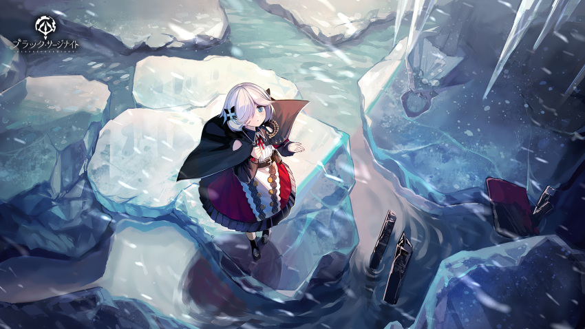 2girls, aiguillette, artist_request, black_capelet, black_flower, black_footwear, black_rose, black_surge_night, blue_eyes, cape, capelet, copyright_name, dress, flower, hair_over_one_eye, highres, hood, hooded_cape, long_sleeves, luetzow_(black_surge_night), multiple_girls, official_art, parted_lips, reflection, rose, seydlitz_(black_surge_night), short_hair, third-party_source, water, white_dress, white_hair