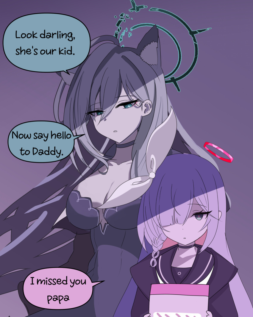 2girls, a.r.o.n.a_(blue_archive), ahoge, animal_ears, black_choker, black_coat, black_eyes, black_sailor_collar