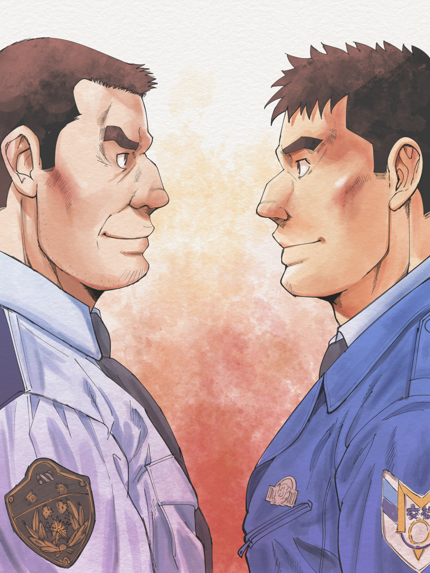 2boys, absurdres, black_necktie, blue_jacket, brown_hair, bunta_ru, eye_contact, highres, jacket, looking_at_another, male_focus, multiple_boys, necktie, original, police, profile, short_hair, smile, upper_body