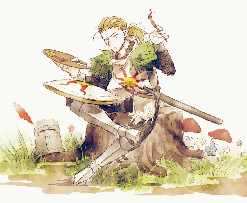 1boy, armor, blonde_hair, dark_souls_(series), dark_souls_i, full_armor, grass, headwear_removed