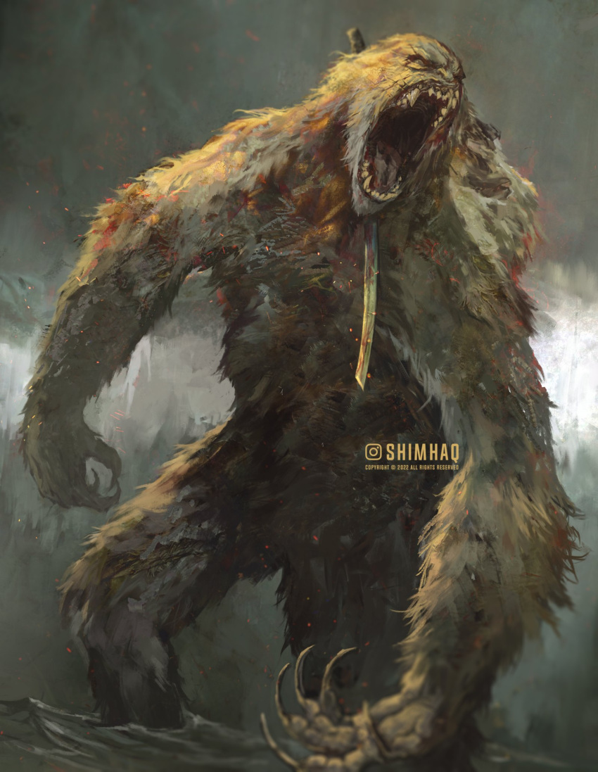 1boy, ape, artist_name, commentary, english_commentary, fingernails, guardian_ape, highres, impaled, instagram_username, katana, roaring, sekiro:_shadows_die_twice, sharp_fingernails, sharp_teeth, shimhaq, sword, teeth, weapon, white_hair