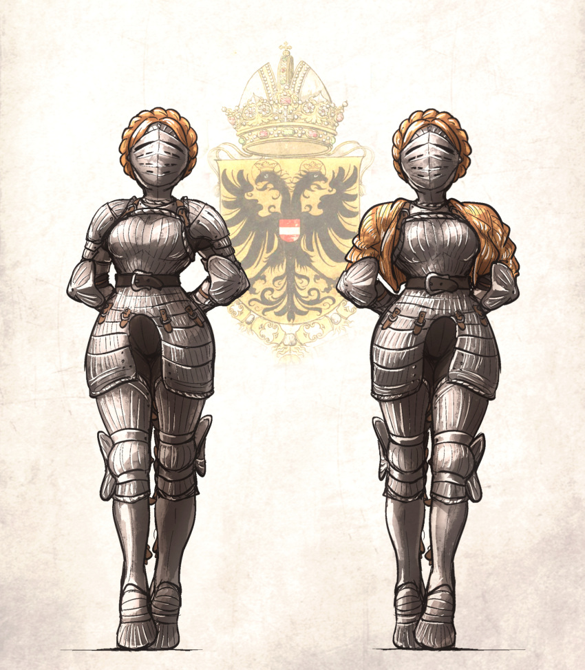 2girls, alternate_universe, armor, arms_behind_back, atomic_heart, austria, blonde_hair, boobplate, braid, coat_of_arms, commentary, crest, crown_braid, cuisses, english_commentary, full_armor, gold_jacket, highres, ironlily, knight, left_(atomic_heart), medieval, multiple_girls, plate_armor, right_(atomic_heart), short_hair, siblings, sisters, twins
