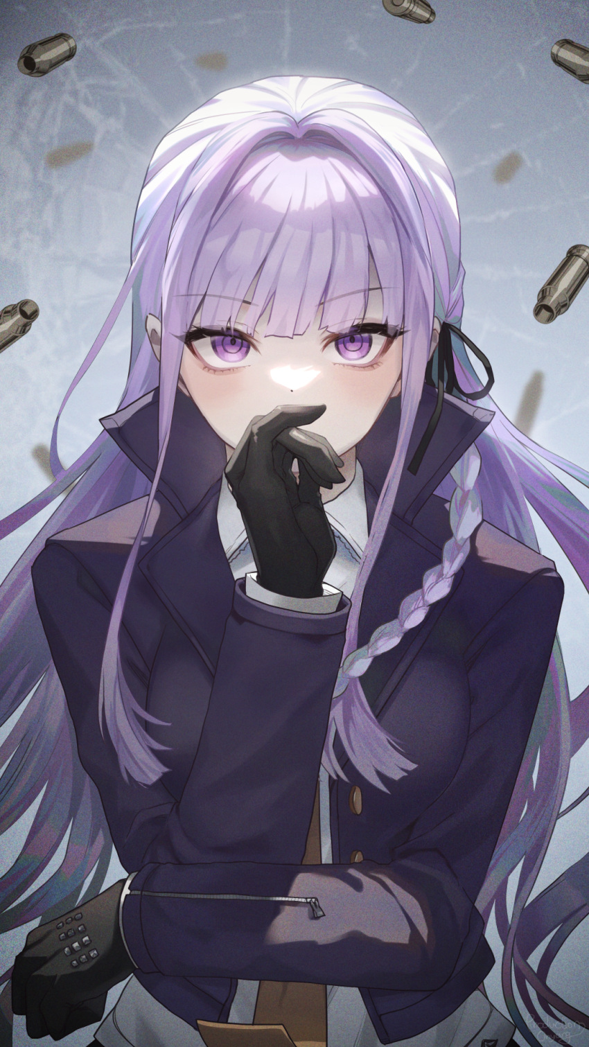 1girl, bangs, black_gloves, black_jacket, black_ribbon, braid, breasts, brown_necktie