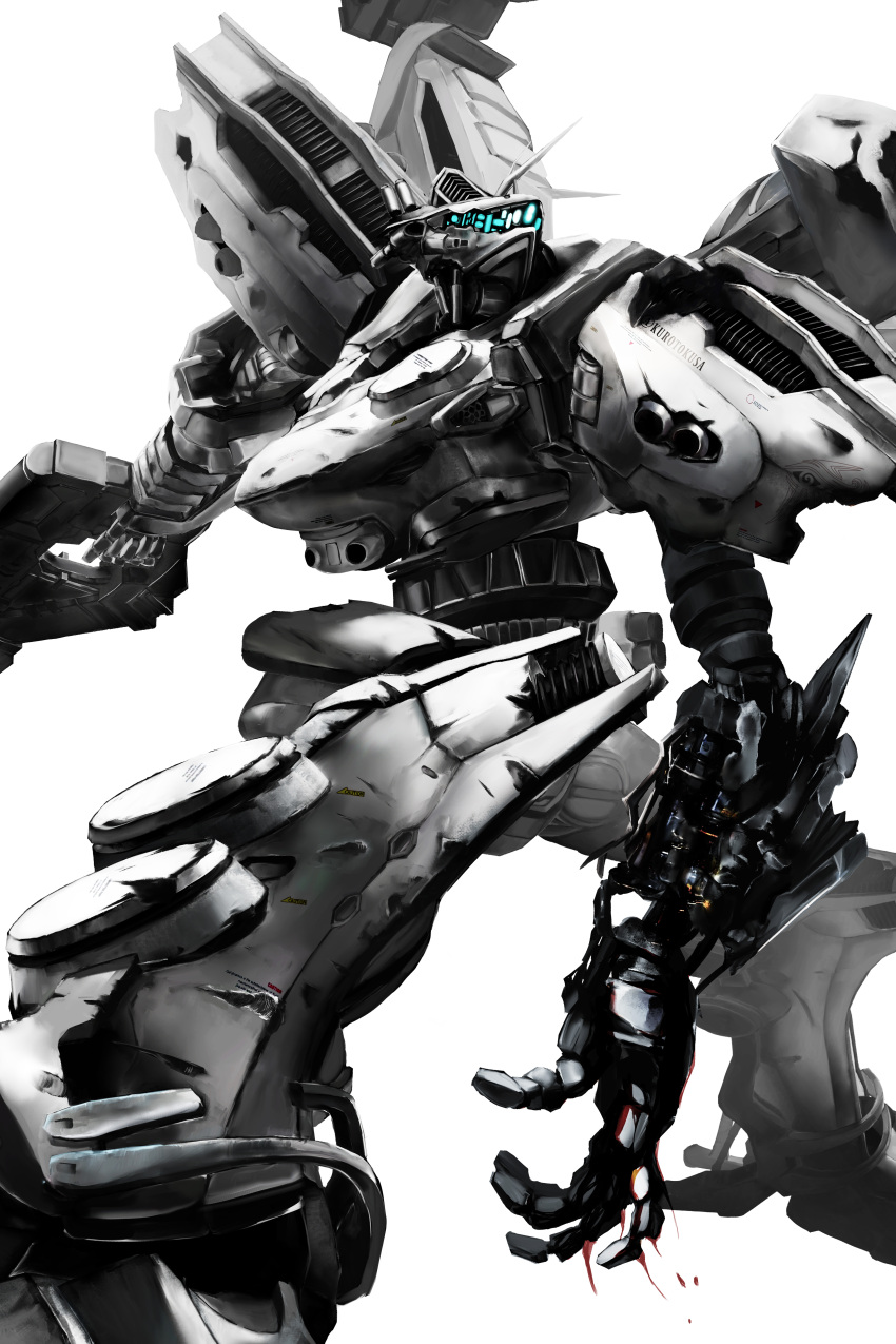 absurdres, armored_core, armored_core:_for_answer, battle_damage, blue_eyes, damaged, glowing, glowing_eyes, gun, highres, kurotokusa, machinery, mecha, mechanical_parts, no_humans, robot, science_fiction, simple_background, weapon, white_background, white_glint
