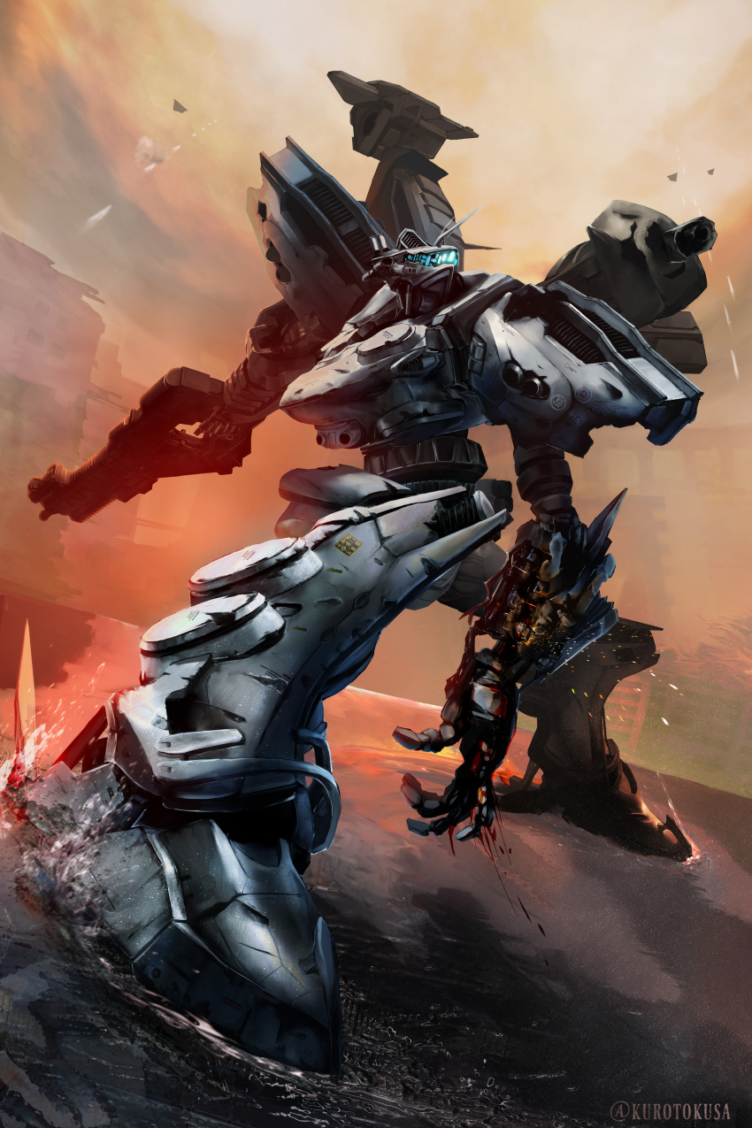 absurdres, armored_core, armored_core:_for_answer, battle_damage, blue_eyes, damaged, evening, glowing