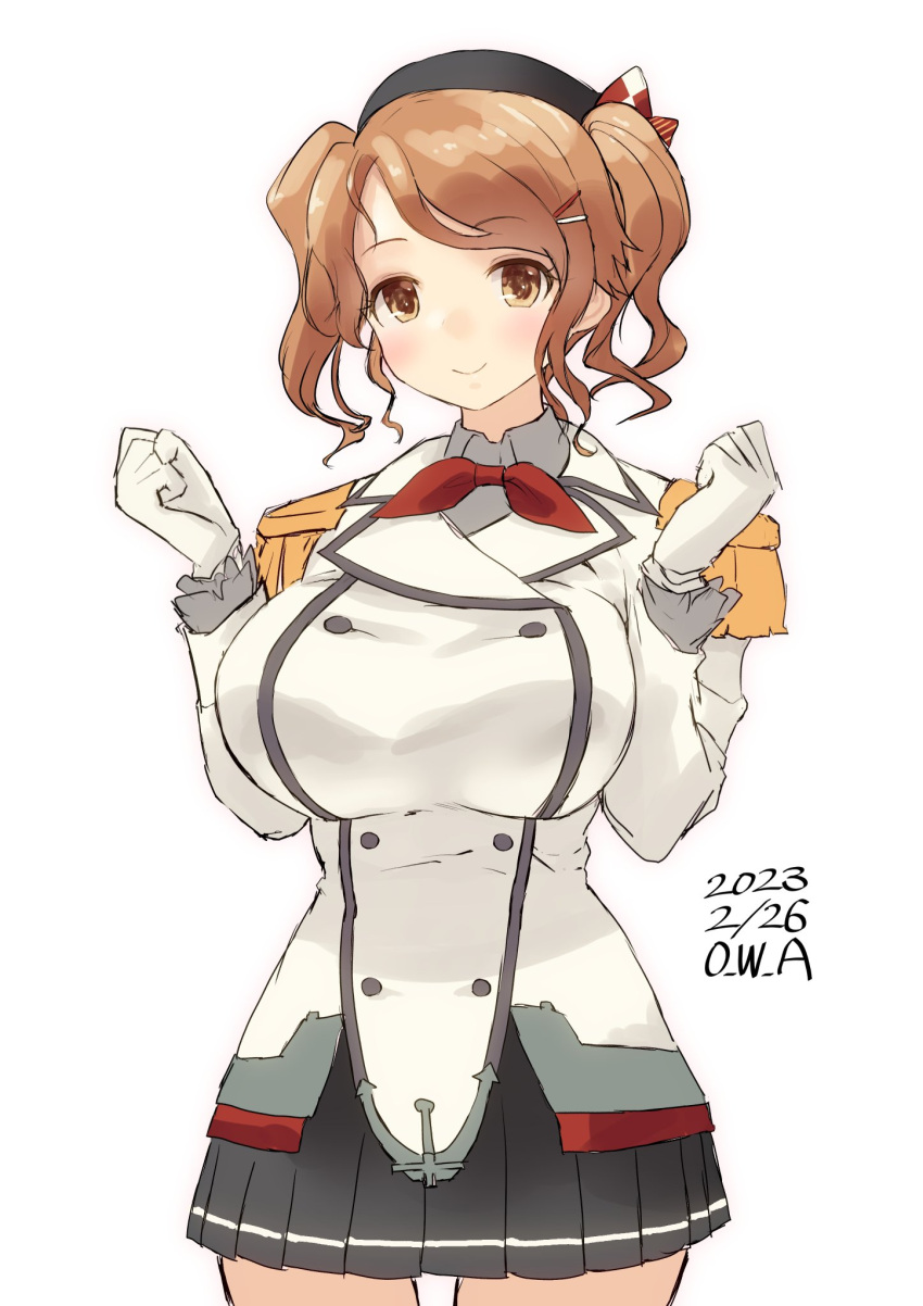 1girl, alternate_costume, alternate_hairstyle, aquila_(kancolle), artist_name, beret, black_headwear, breasts