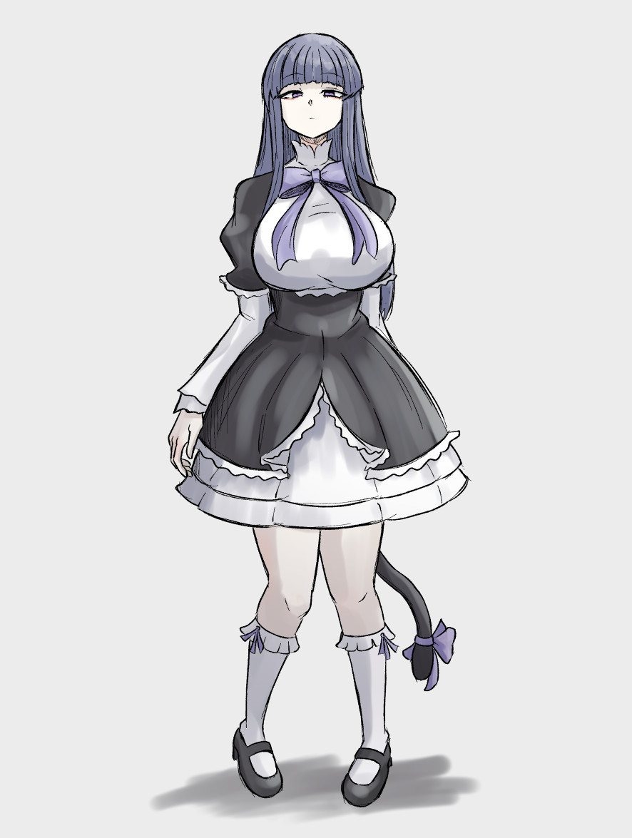 amon_higu3106, black_dress, black_footwear, blue_bow, blue_bowtie, blue_hair, bow, bowtie, breasts, cat_tail, dress, frederica_bernkastel, frilled_skirt, frills, large_breasts, long_hair, looking_at_viewer, skirt, socks, tail, tail_bow, tail_ornament, umineko_no_naku_koro_ni, violet_eyes, white_socks