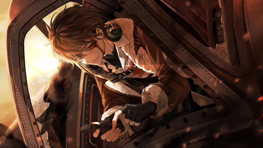 1boy, aircraft, black_gloves, blood, blood_on_clothes, blood_on_face, broken_glass, brown_eyes
