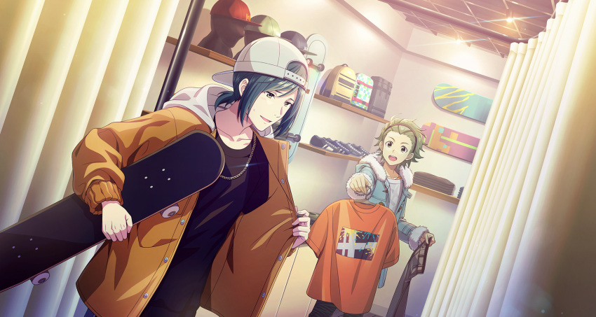 2boys, adjusting_clothes, backwards_hat, black_hairband, blush, clothes_hanger, fingernails, green_eyes
