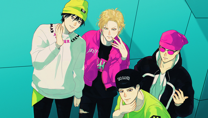 4boys, ash_lynx, bad_hands, banana_fish, black_hair, black_headwear, black_pants, blonde_hair