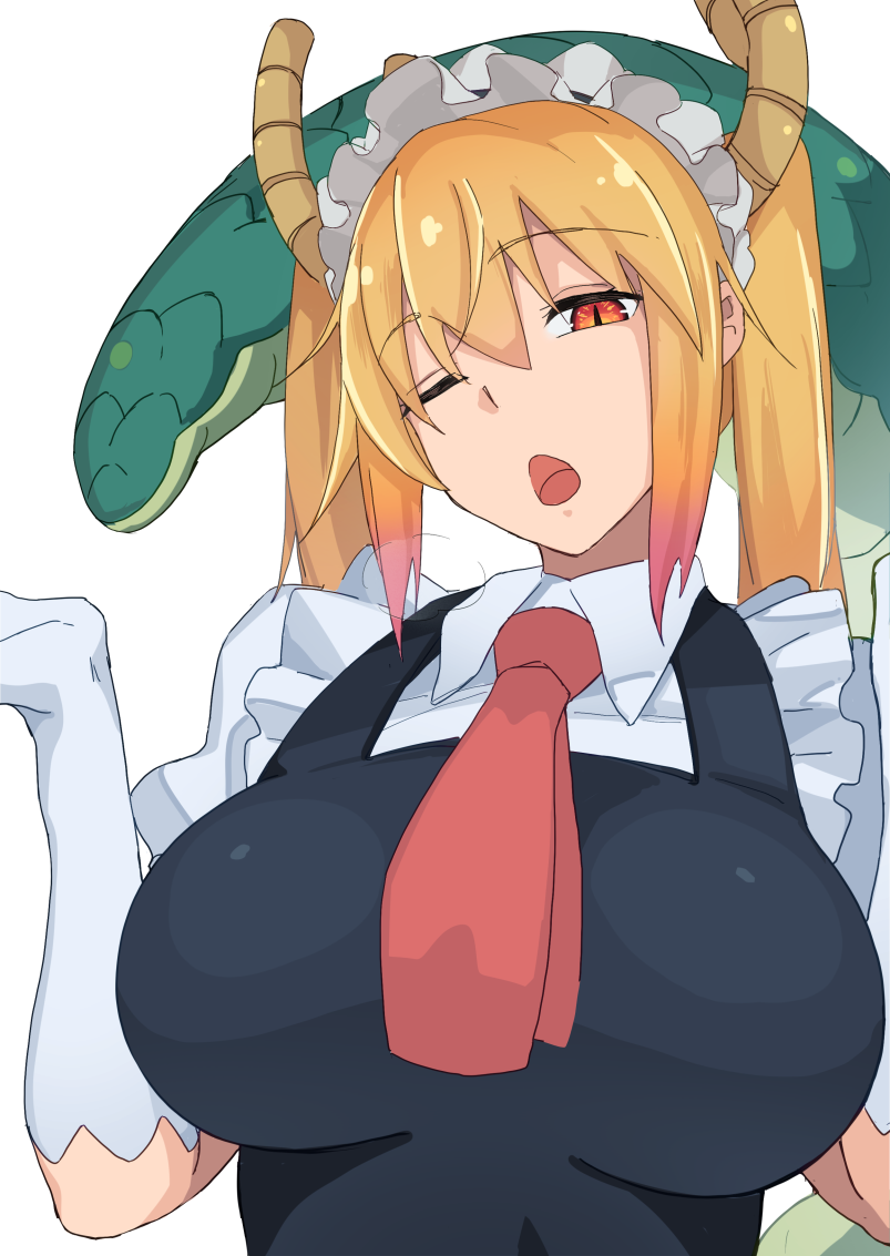 1girl, apron, bangs, blonde_hair, breasts, dragon_girl, dragon_horns, dragon_tail