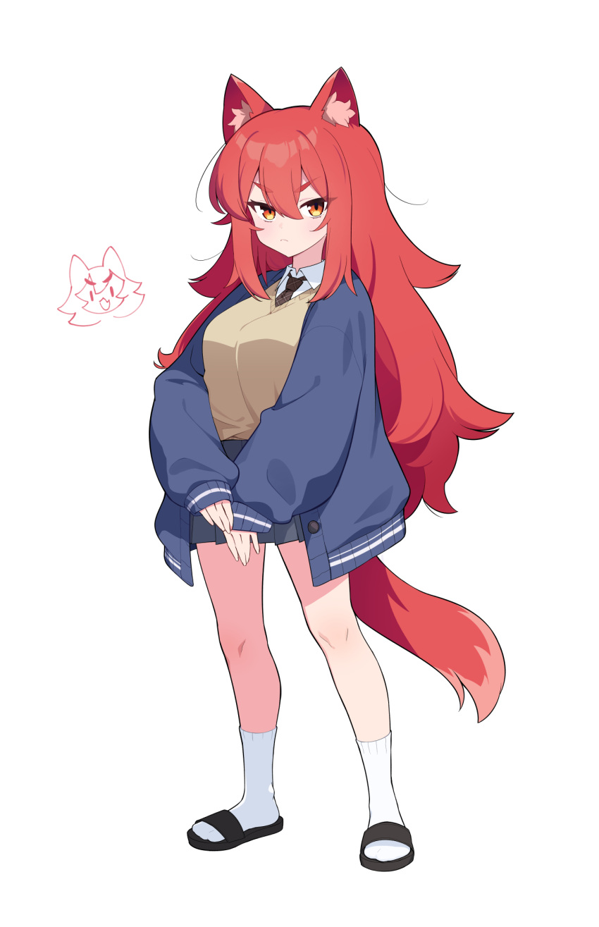 1girl, animal_ears, black_footwear, black_necktie, black_skirt, blue_jacket, brown_vest, collared_shirt