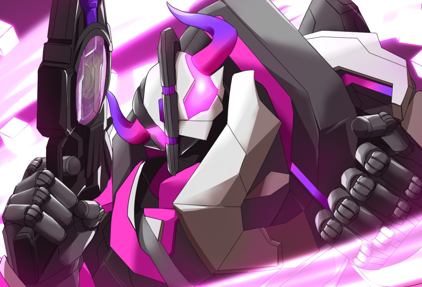 1girl, armor, black_armor, buffalo, clenched_hand, compound_eyes, gradient_horns, gun