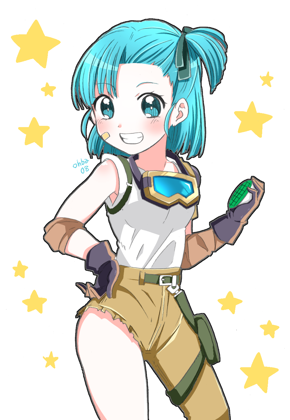 1girl, aqua_eyes, aqua_hair, armlet, asymmetrical_pants, bandaid, bandaid_on_cheek, bandaid_on_face, belt, blush, bulma, detached_sleeves, dragon_ball, dragon_ball_(classic), dragon_radar, gloves, goggles, goggles_around_neck, grin, highres, ouba_reiya, shirt, side_ponytail, single_detached_sleeve, smile, solo, standing, thigh_pouch, white_shirt