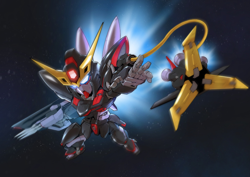 absurdres, beam_rifle, blitz_gundam, blue_hair, chibi, energy_gun, flying, glowing, glowing_eyes, gun, gundam, gundam_seed, highres, holding, holding_gun, holding_weapon, mecha, mobile_suit, no_humans, outstretched_arm, robot, science_fiction, sd_gundam, solo, space, thrusters, v-fin, weapon, zakuma