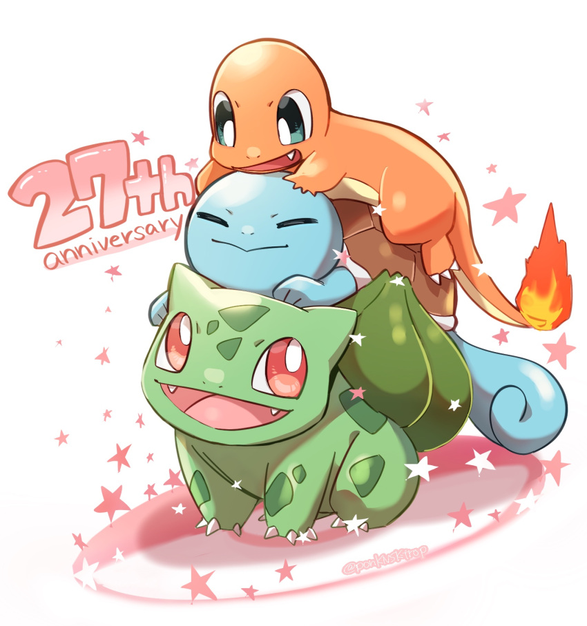 anniversary, blue_eyes, bulbasaur, charmander, closed_eyes, closed_mouth, fang, fire