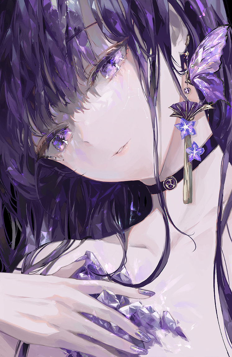 1girl, alternate_hairstyle, bangs, bare_shoulders, butterfly_earrings, choker, collarbone, crystal