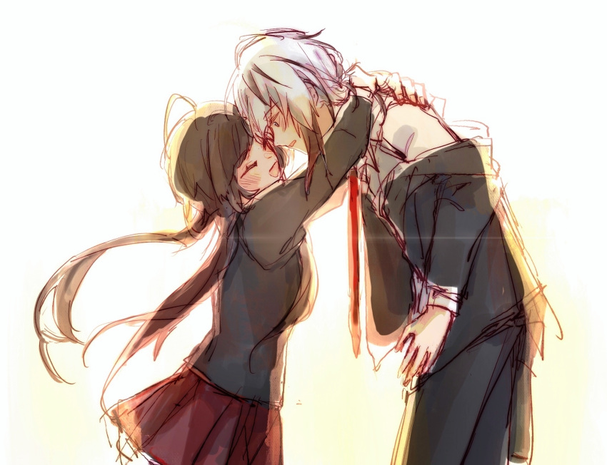 1boy, 1girl, blush, brown_hair, closed_eyes, collar_x_malice, hetero, highres, hoshino_ichika_(collar_x_malice), hug, long_hair, long_sleeves, multicolored_hair, okazaki_kei, sakura_(pixiv73541236), short_hair, sketch, violet_eyes, white_background, white_hair