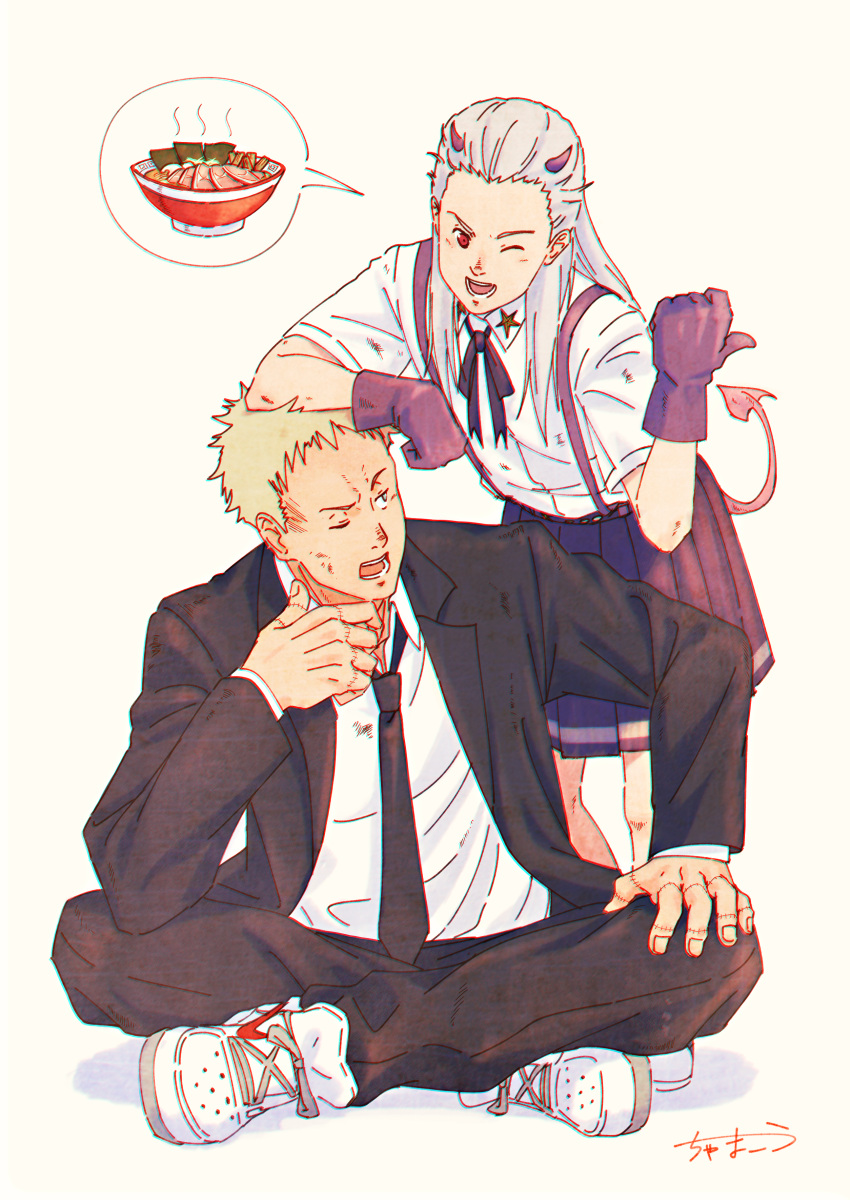1boy, 1girl, absurdres, arm_rest, artist_name, blonde_hair, bowl, brown_jacket