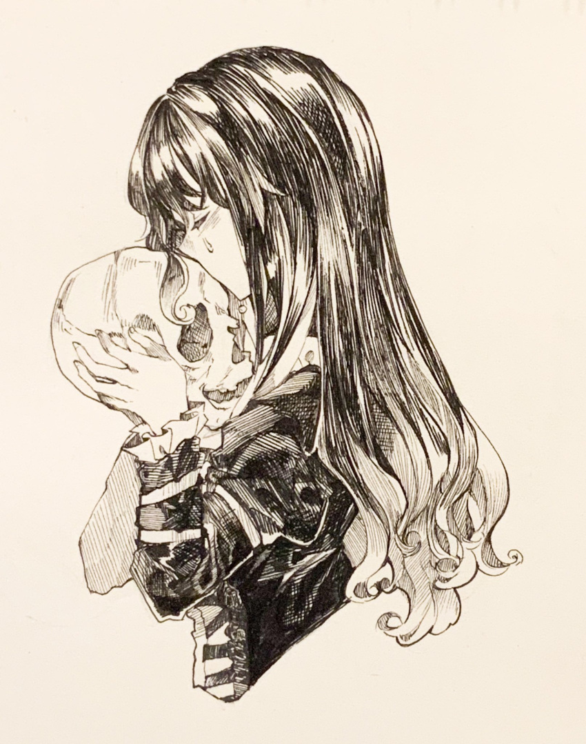 1girl, bangs, closed_eyes, commentary, cropped_torso, english_commentary, from_side, greyscale, highres, hijiri_byakuren, hijiri_myouren, holding, holding_skull, juliet_sleeves, kabocha1408, long_hair, long_sleeves, monochrome, puffy_sleeves, simple_background, skull, solo, tears, touhou, traditional_media, upper_body