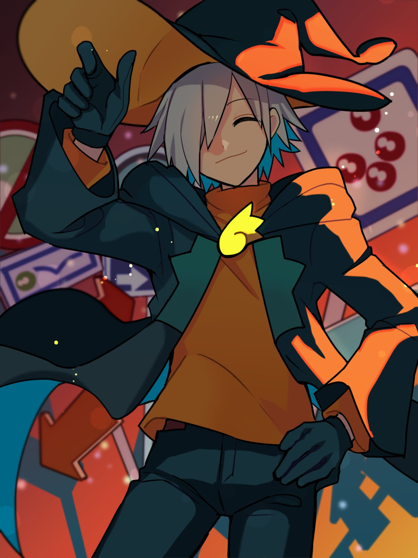 1boy, arrow_(symbol), closed_eyes, gloves, green_gloves, green_headwear, green_pants, grey_hair