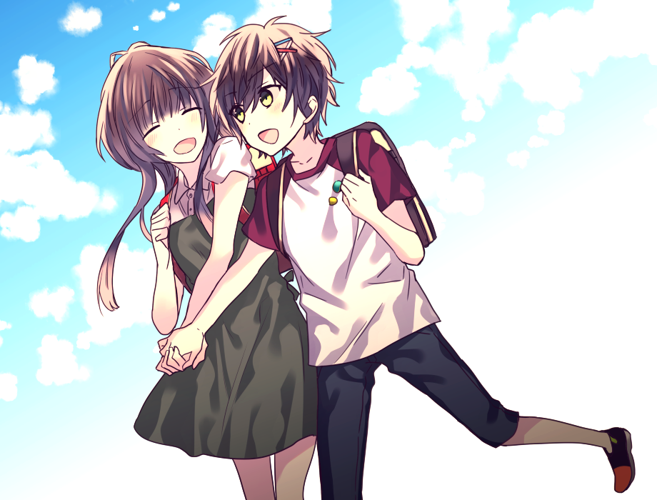 1boy, 1girl, backpack, bag, blue_sky, brother_and_sister, brown_hair, closed_eyes