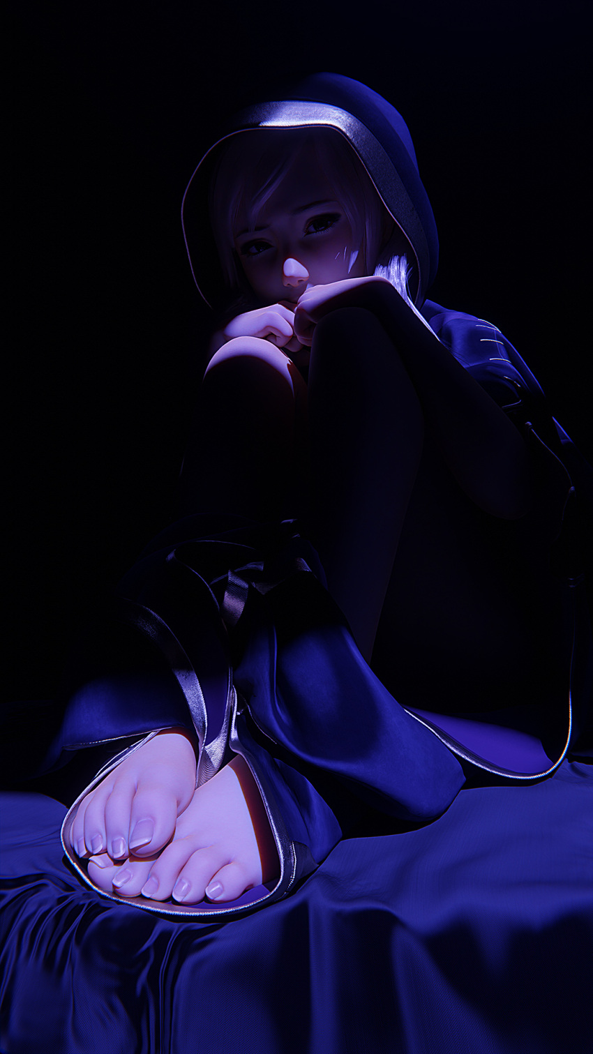 1girl, blender_(medium), covered_mouth, dark, fabric, feet, fire_emblem, fire_emblem_awakening, foot_focus, highres, hood, hoodie, hunched_over, j9006, long_coat, looking_at_viewer, robin_(female)_(fire_emblem), robin_(fire_emblem), shade, solo_focus, toenails, toes