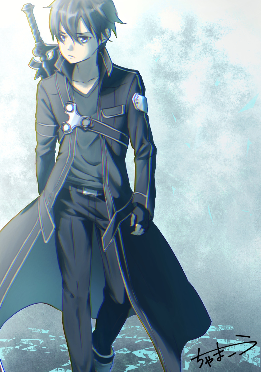 1boy, absurdres, artist_name, belt, black_belt, black_coat, black_eyes, black_gloves