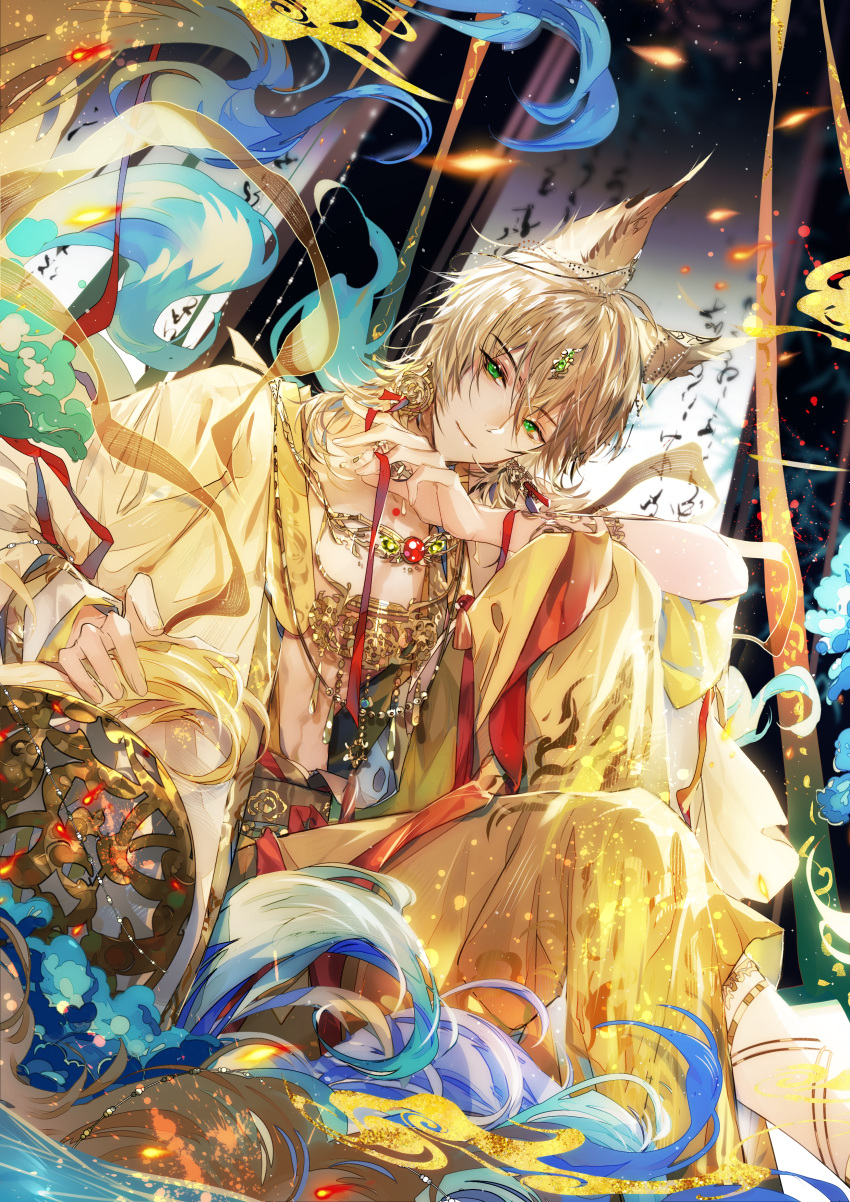 1boy, absurdres, animal_ears, aqua_gemstone, bishounen, blonde_hair, diffraction_spikes, dunhuang_style