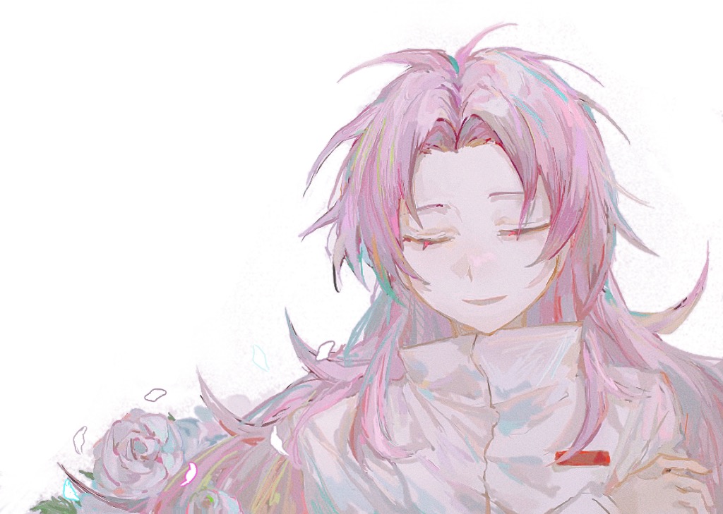 1boy, bangs, closed_eyes, eyebrows_hidden_by_hair, facing_viewer, flower, hand_on_own_arm, hatsutori_hajime