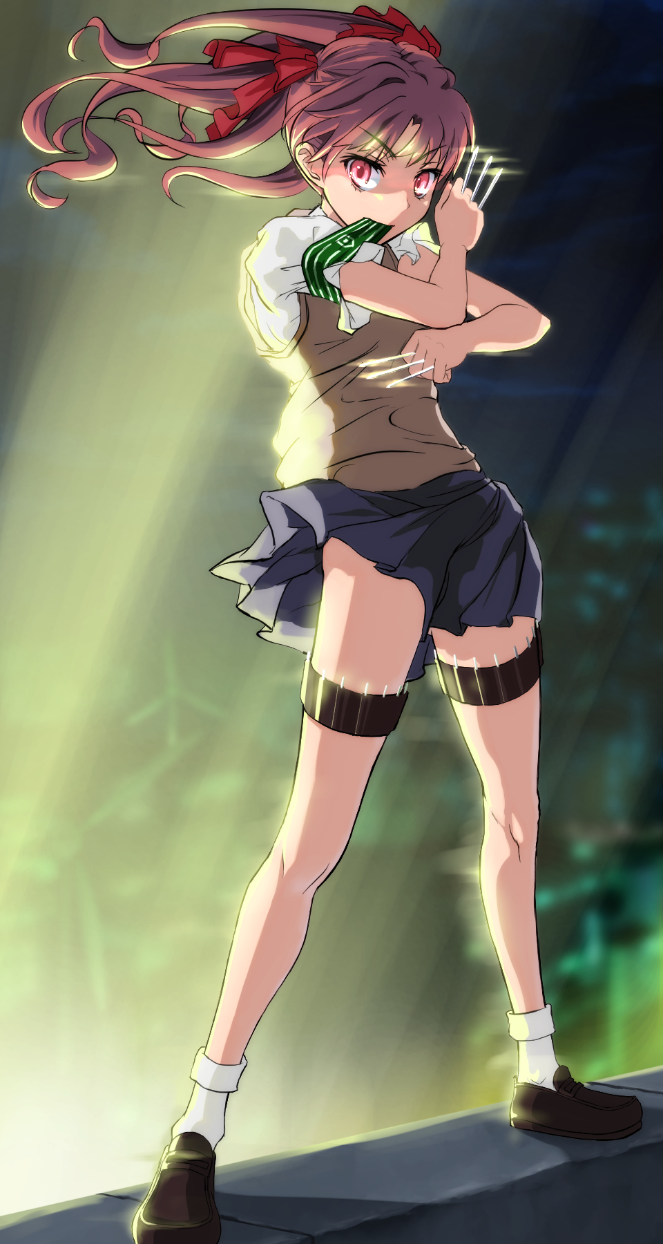 1girl, armband, blue_skirt, blush, brown_eyes, brown_hair, hair_ribbon, highres, holding, holding_needle, long_hair, looking_at_viewer, miniskirt, needle, ribbon, school_uniform, serious, shirai_kuroko, skirt, solo, standing, toaru_kagaku_no_railgun, toaru_majutsu_no_index, tokiwadai_school_uniform, yonabe