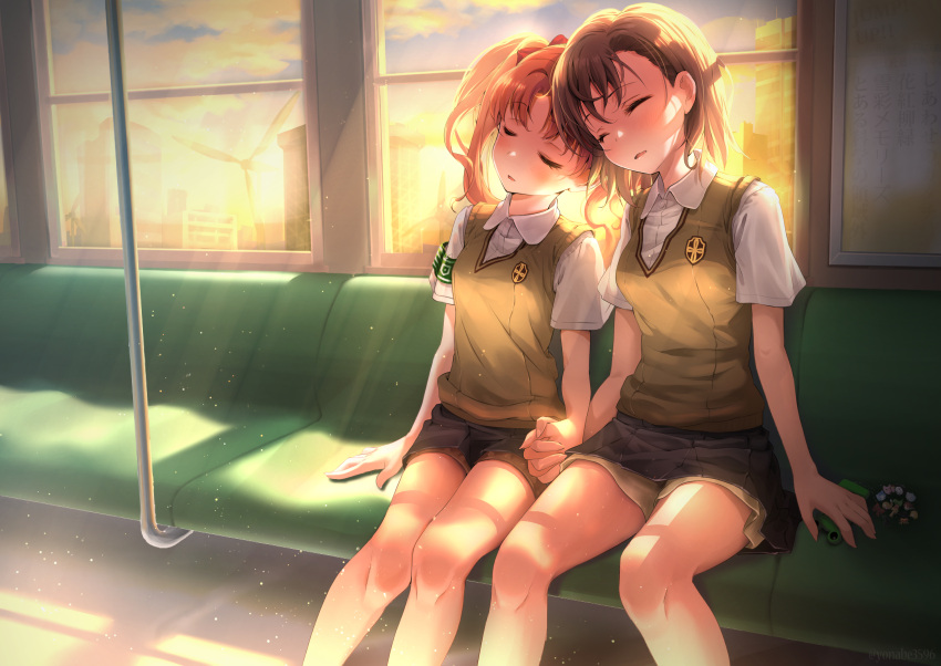 2girls, blush, breasts, brown_hair, brown_shorts, closed_eyes, grey_skirt, highres