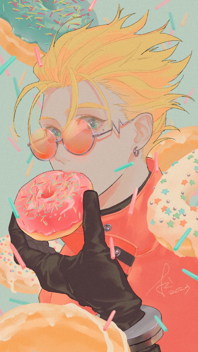 1boy, biting, blonde_hair, coat, doughnut, earrings, food, green_eyes