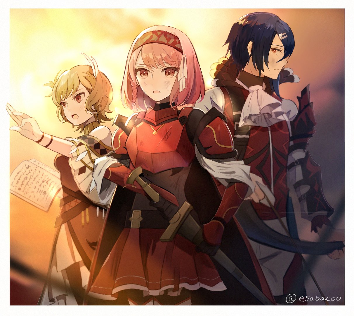 1boy, 2girls, alcryst_(fire_emblem), armor, armored_dress, arrow_(projectile), artist_name, blonde_hair