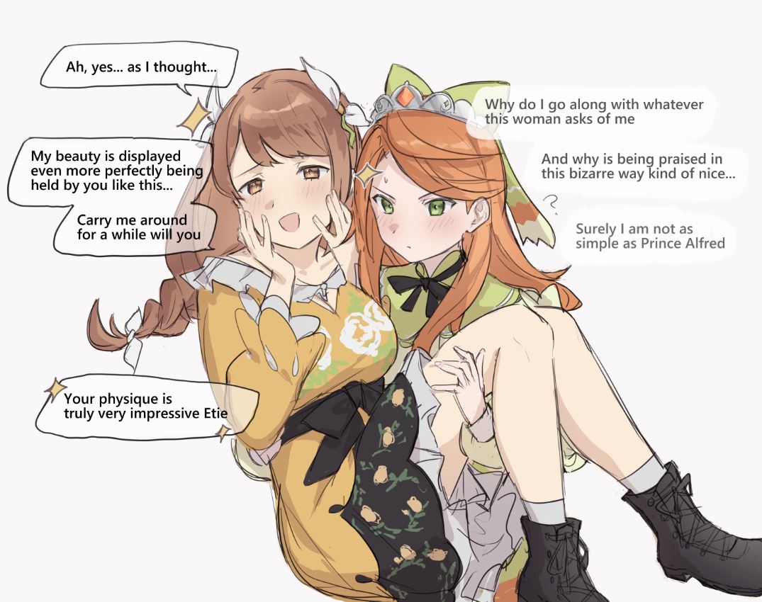 2girls, blush, bow, brown_eyes, brown_hair, carrying, dress, english_text, etie_(fire_emblem), fire_emblem, fire_emblem_engage, goldmary_(fire_emblem), green_bow, green_dress, green_eyes, hair_bow, hair_ornament, multiple_girls, orange_hair, ponytail, princess_carry, speech_bubble, tencryingemojis, yellow_dress, yuri