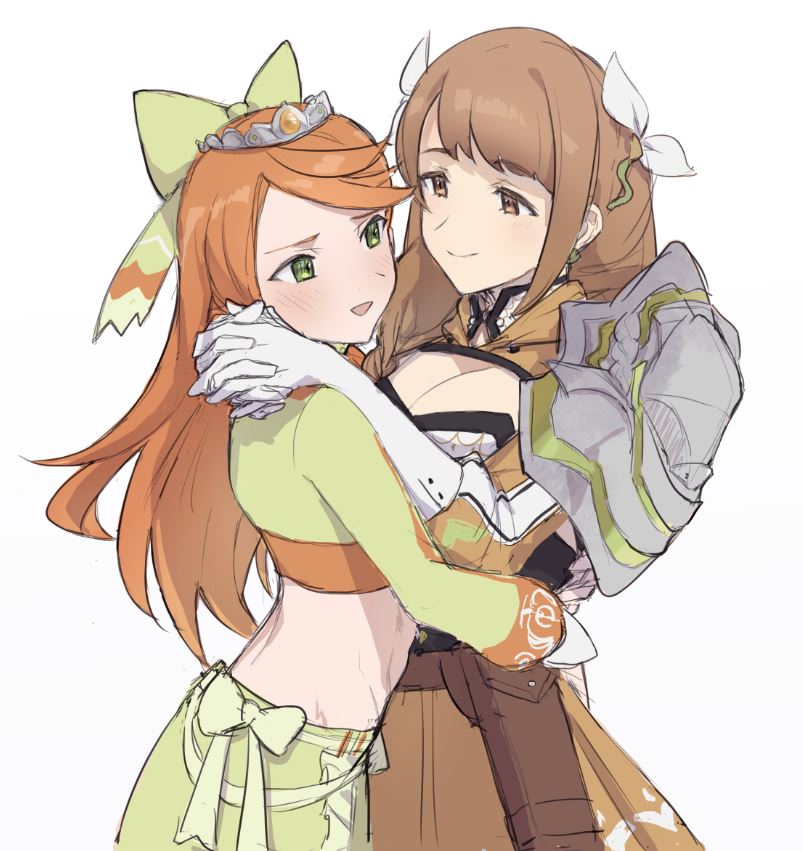 2girls, armor, blush, bow, breasts, brown_eyes, brown_hair, dress, etie_(fire_emblem), fire_emblem, fire_emblem_engage, gloves, goldmary_(fire_emblem), green_bow, green_dress, green_eyes, hair_bow, hug, large_breasts, midriff, multiple_girls, orange_hair, shoulder_armor, tencryingemojis, tiara, white_gloves, yuri