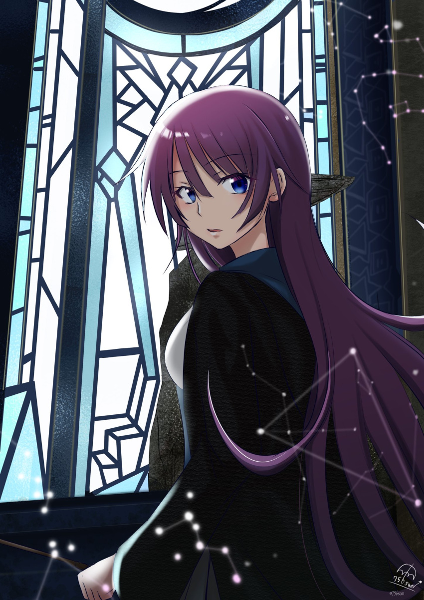 1girl, 756san, alternate_costume, bangs, black_robe, blue_eyes, blush, breasts
