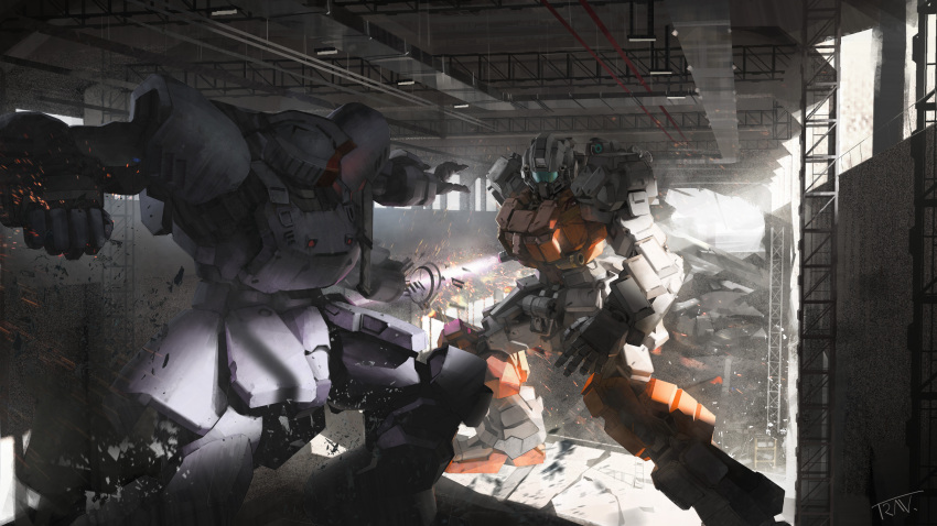 absurdres, assault_visor, battle, beam_saber, clenched_hand, commentary, day, destruction