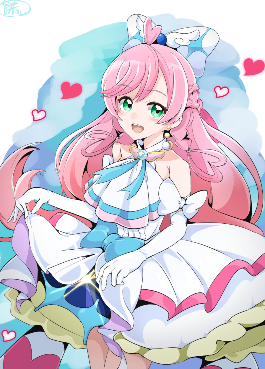 1girl, ascot, blue_background, bow, braided_sidelock, brooch, cure_prism, dress, earrings, elbow_gloves, frills, glove_bow, gloves, green_eyes, hair_bow, highres, hirogaru_sky!_precure, jewelry, looking_at_viewer, magical_girl, nijigaoka_mashiro, open_mouth, pink_hair, precure, ryouseirui, smile, solo, white_ascot, white_background, white_bow, white_dress, white_gloves, wing_brooch, wing_hair_ornament