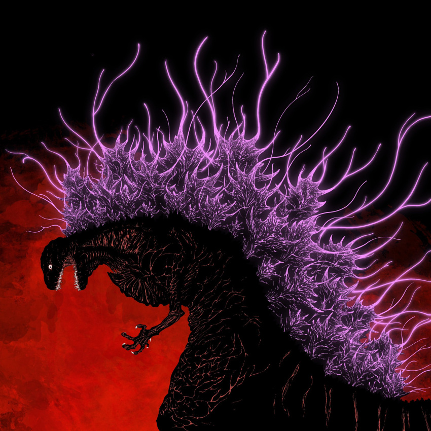 black_background, black_eyes, claws, dandagouglas, english_commentary, glowing, godzilla_(series), godzilla_(shin)