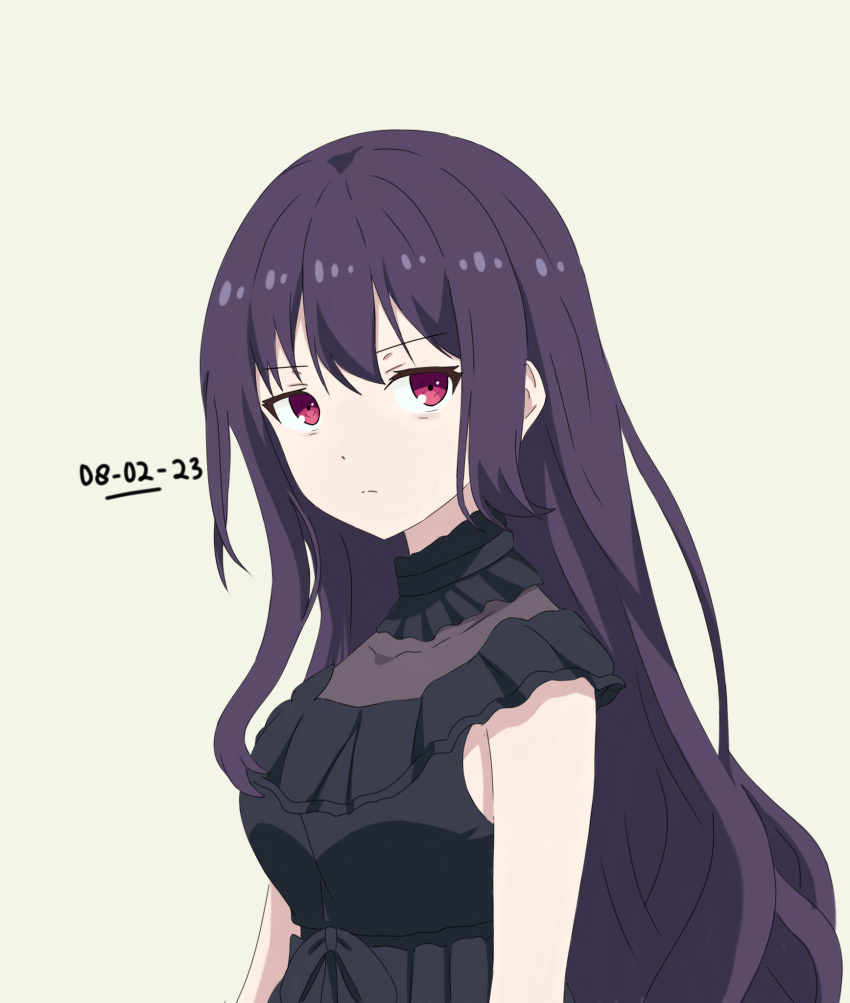 1girl, black_dress, dated, dress, highres, kumayuru, long_hair, makeup