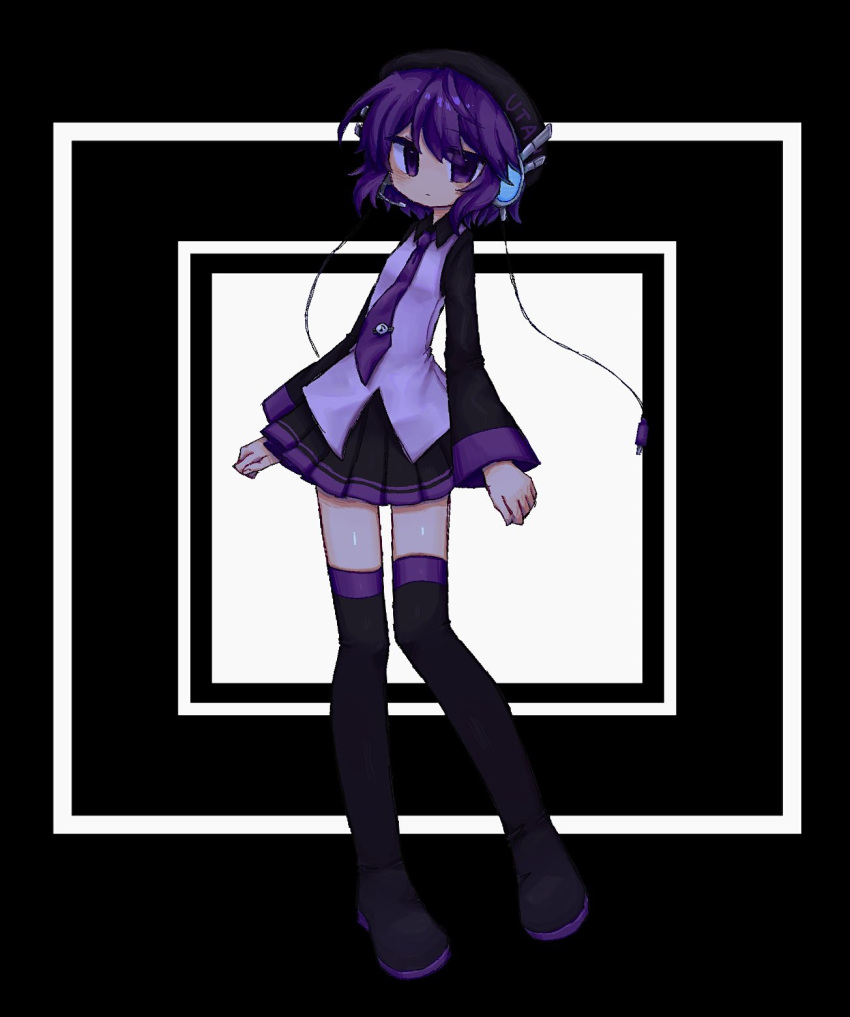 1girl, agpgwm, bangs, beret, black_background, black_footwear, black_headwear, black_shirt, black_skirt, boots, cable, collared_shirt, commentary, copyright_name, expressionless, floating_hair, full_body, hat, headphones, highres, koronba, long_sleeves, looking_at_viewer, microphone, necktie, no_nose, pleated_skirt, purple_hair, purple_necktie, romaji_text, shirt, short_hair, sideways_glance, skirt, solo, square, swept_bangs, thigh_boots, tie_clip, two-tone_background, utane_uta, utau, vest, violet_eyes, white_background, wide_sleeves, zettai_ryouiki