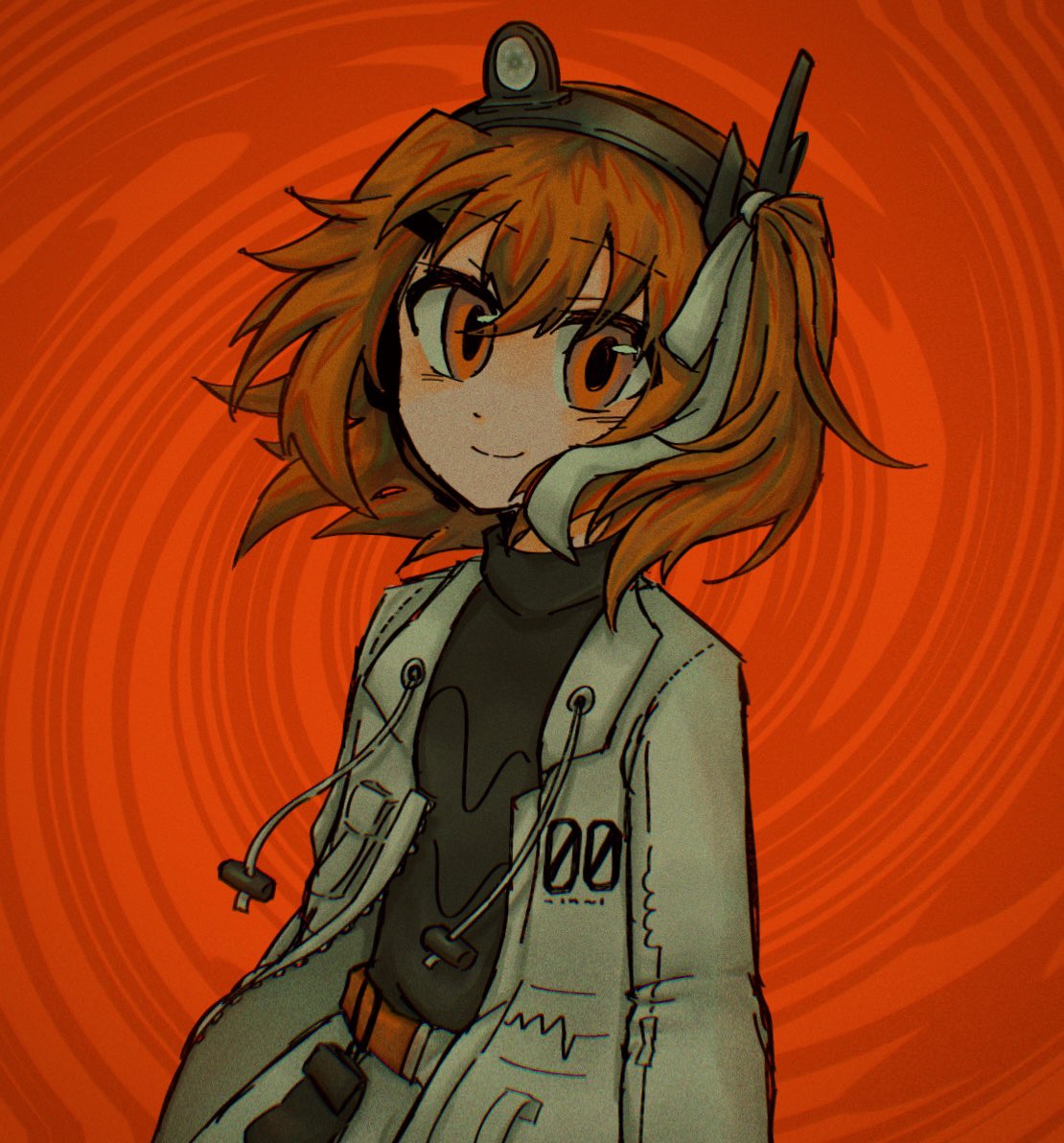 1girl, a.i._voice, adachi_rei, agpgwm, arms_at_sides, bangs, belt, belt_pouch, black_shirt, closed_mouth, cowboy_shot, crossed_bangs, dot_nose, floating_hair, grey_skirt, hair_ornament, hair_ribbon, hairclip, head_tilt, headlamp, headset, jacket, long_sleeves, looking_at_viewer, medium_hair, microphone, open_clothes, open_jacket, orange_eyes, orange_hair, pouch, radio_antenna, red_background, ribbon, shirt, side_ponytail, skirt, smile, solo, turtleneck, utau, utility_belt, vortex, white_jacket, white_ribbon, wind, wind_lift