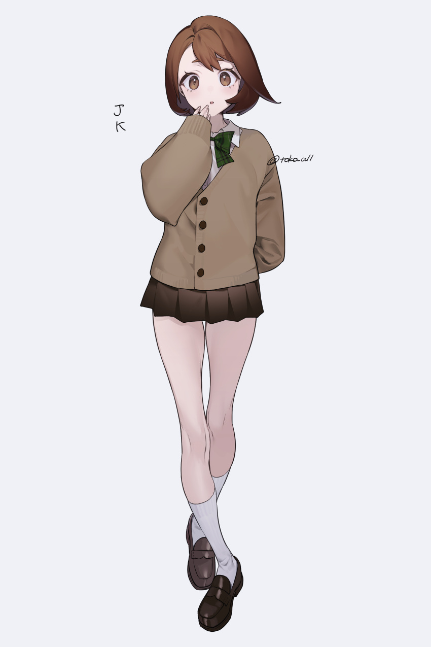 1girl, absurdres, arm_behind_back, bow, bowtie, brown_cardigan, brown_eyes, brown_footwear