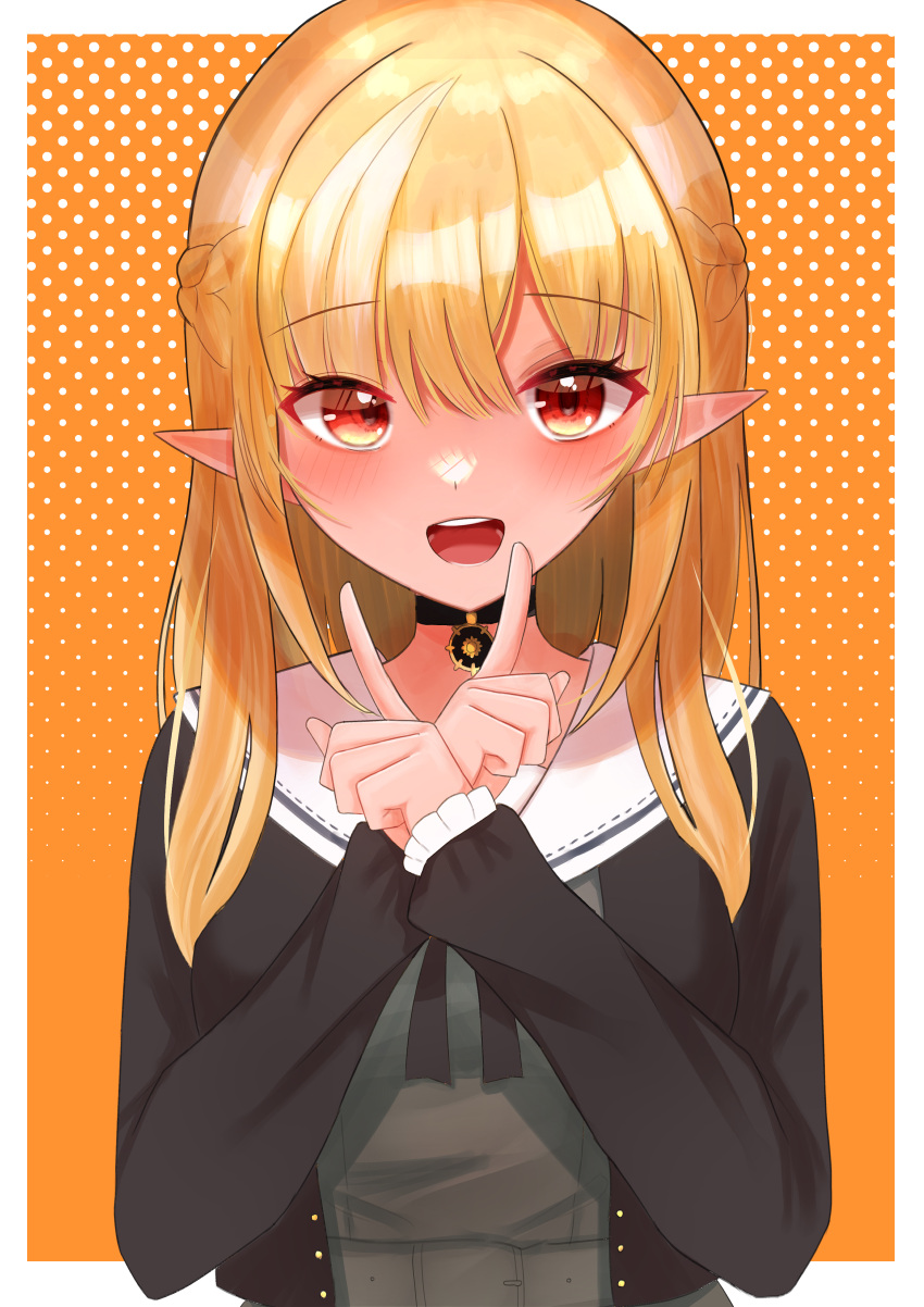 1girl, :d, absurdres, bangs, black_choker, black_jacket, black_ribbon, blonde_hair, border, braid, choker, grey_shirt, hair_between_eyes, highres, hololive, index_finger_raised, jacket, kyaneton, long_hair, long_sleeves, looking_at_viewer, open_clothes, open_jacket, open_mouth, orange_background, pointy_ears, polka_dot, polka_dot_background, red_eyes, ribbon, sailor_collar, shiranui_flare, shirt, smile, solo, upper_body, virtual_youtuber, white_border, white_sailor_collar