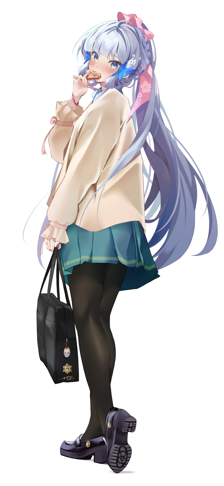 1girl, absurdres, aqua_skirt, bag, bangs, black_pantyhose, blue_eyes, blunt_bangs